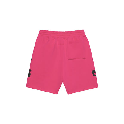 Pink Beluga sweatshorts with black print, drawcord, back pocket, and raw hem.