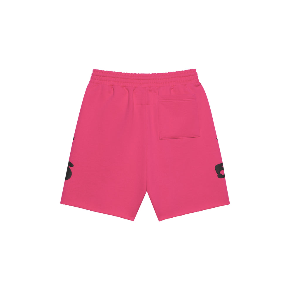 Pink Beluga sweatshorts with black print, drawcord, back pocket, and raw hem.