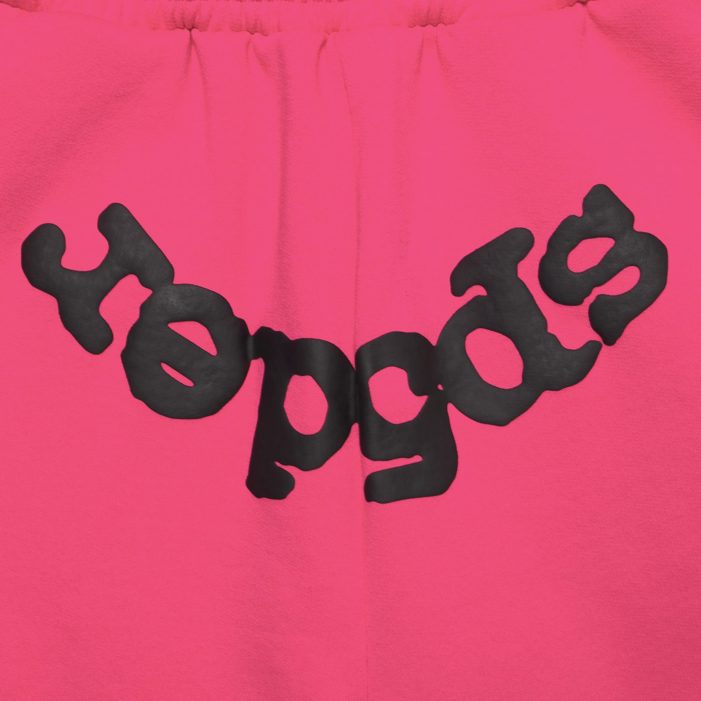 Pink cotton fleece sweatshorts with a black "Beluga" print and drawcord waistband.
