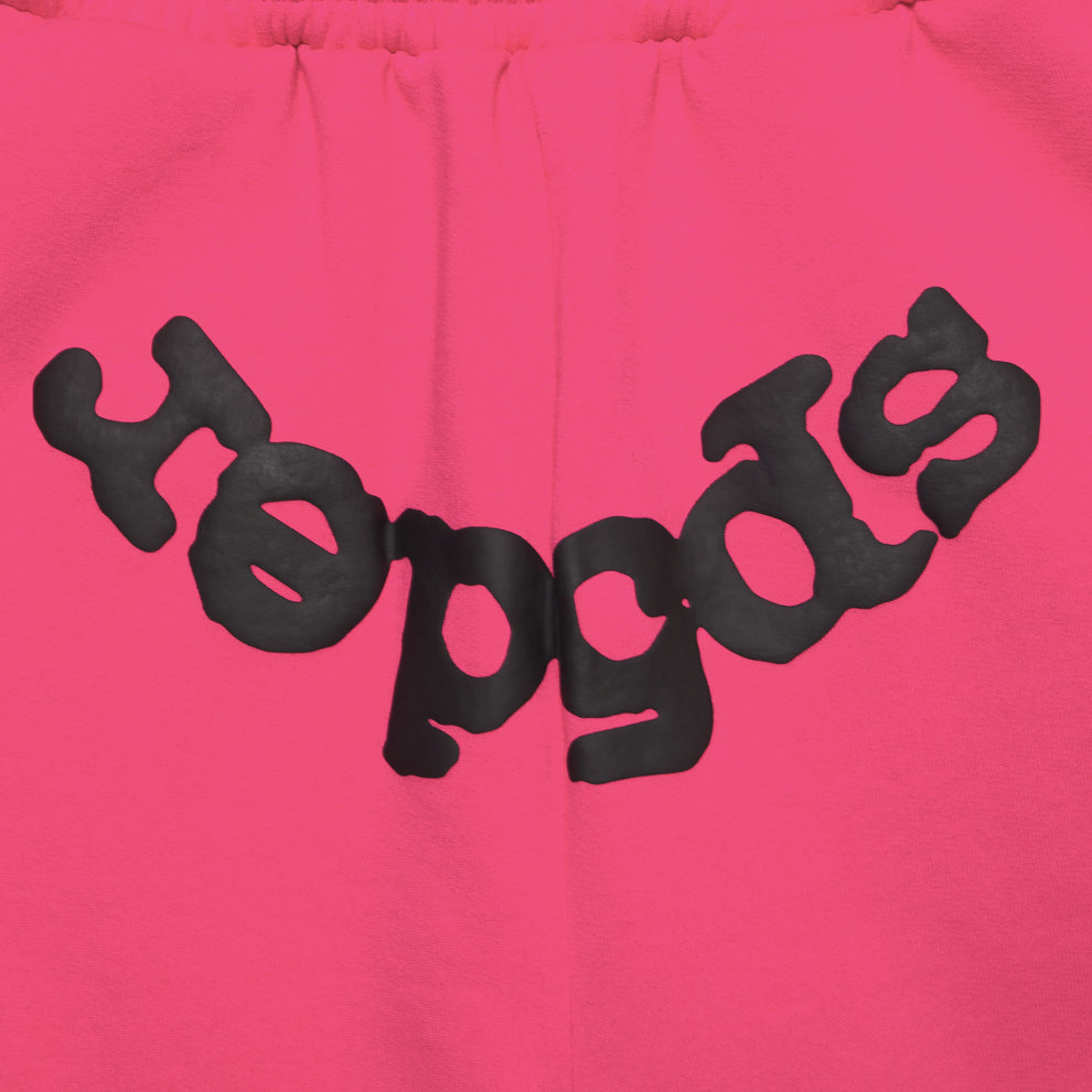 Pink cotton fleece sweatshorts with a black "Beluga" print and drawcord waistband.