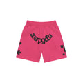 Pink Beluga sweatshorts with black "Beluga" print, drawcord waistband, back pocket, and raw hem.