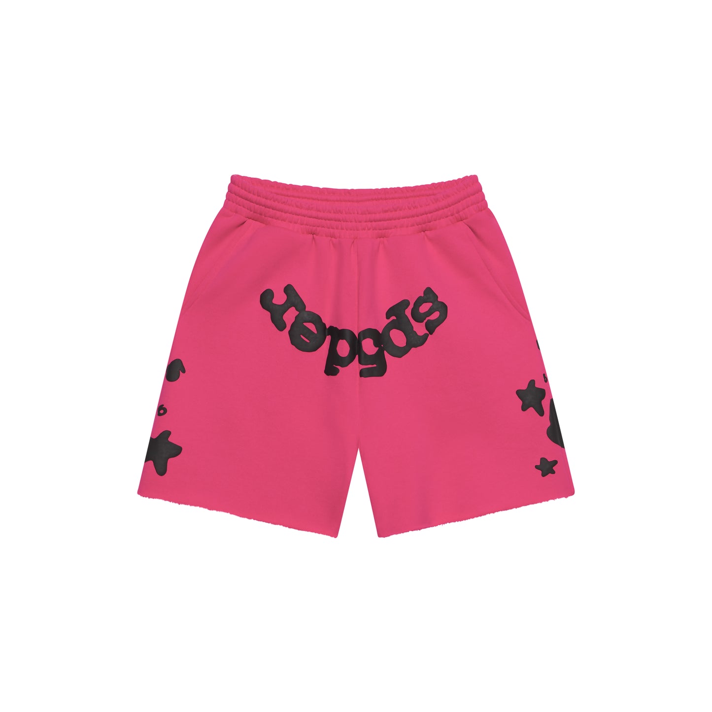 Pink Beluga sweatshorts with black "Beluga" print, drawcord waistband, back pocket, and raw hem.