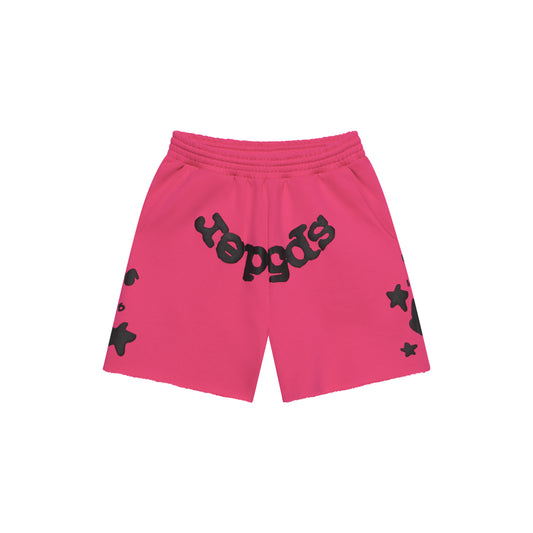 Pink Beluga sweatshorts with black "Beluga" print, drawcord waistband, back pocket, and raw hem.