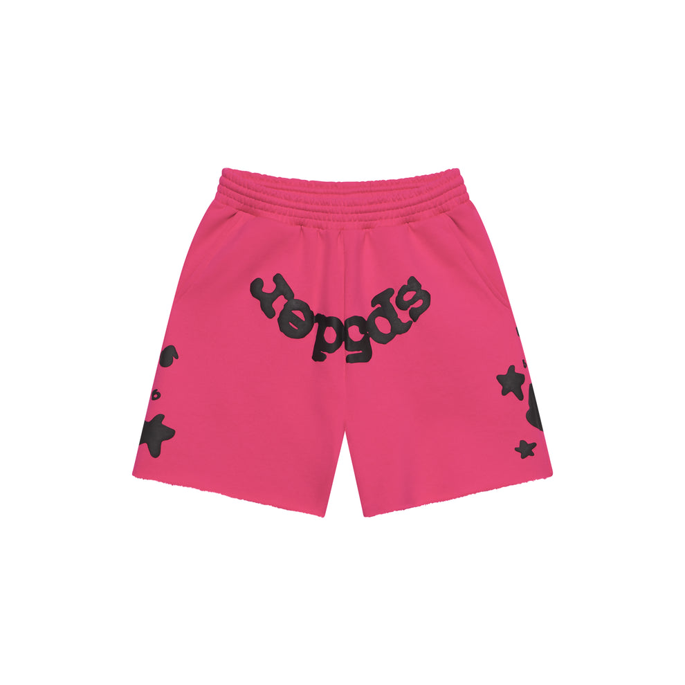 Pink Beluga sweatshorts with black "Beluga" print, drawcord waistband, back pocket, and raw hem.