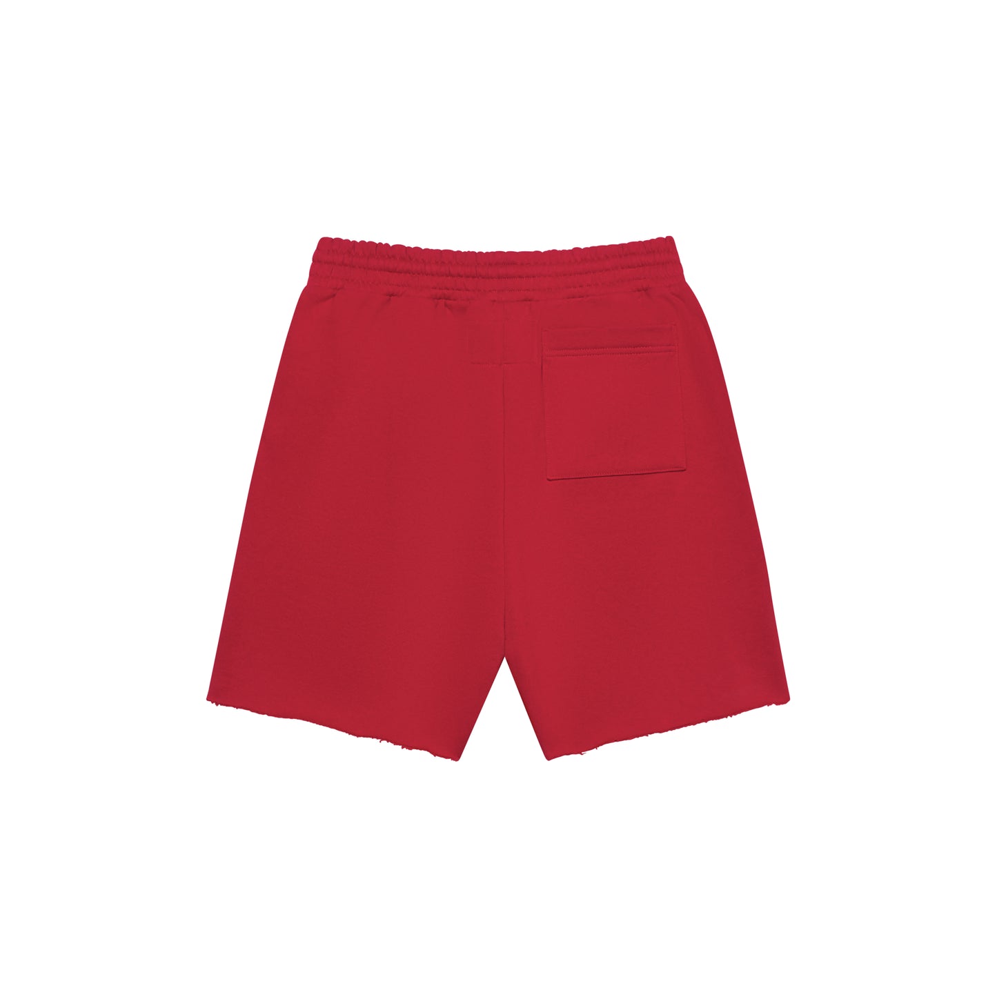 Red 100% cotton brushed fleece shorts with back patch pocket and raw hem.