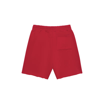 Red 100% cotton brushed fleece shorts with back patch pocket and raw hem.