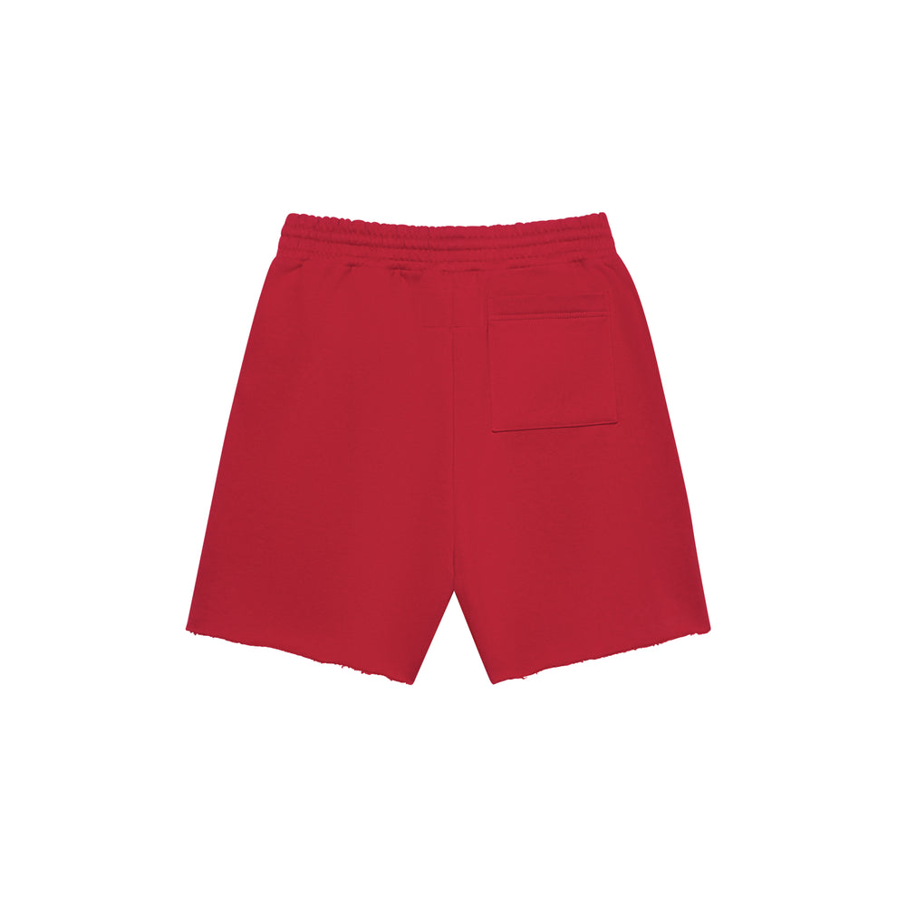 Red 100% cotton brushed fleece shorts with back patch pocket and raw hem.