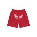 Red 13oz cotton fleece shorts with pink angel number print on crotch, scattered stars, drawcord, and raw hem.