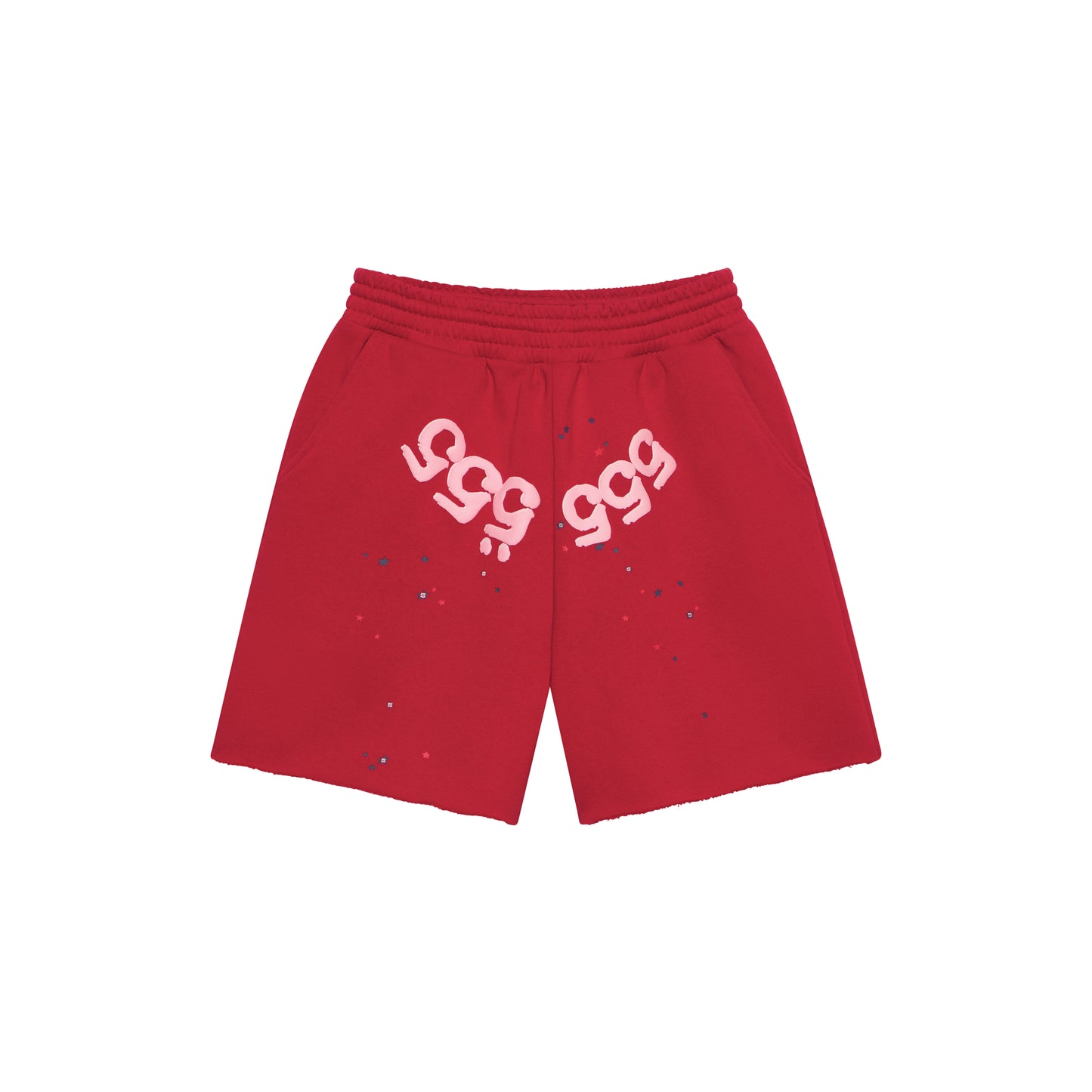 Red 13oz cotton fleece shorts with pink angel number print on crotch, scattered stars, drawcord, and raw hem.