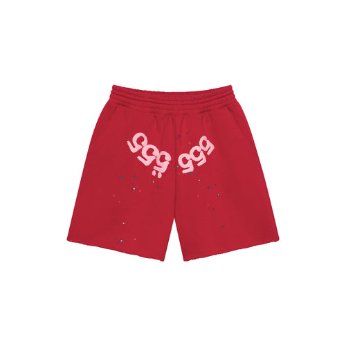 Red 13oz cotton fleece shorts with pink angel number print on crotch, scattered stars, drawcord, and raw hem.