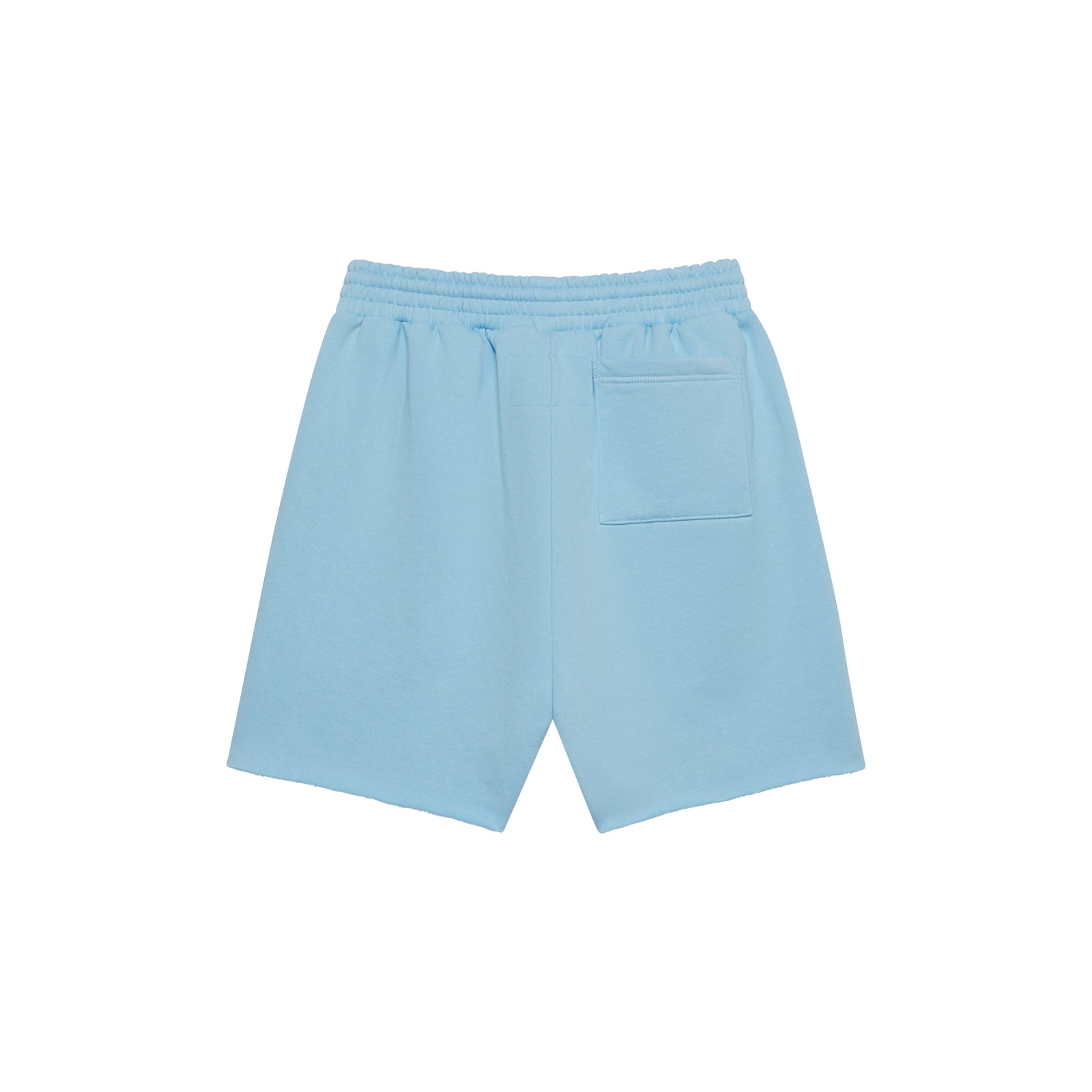 Light blue 13oz cotton fleece sweatshorts with raw hem and back patch pocket.