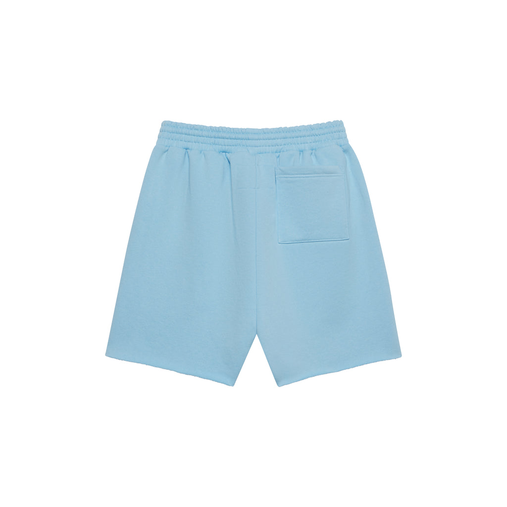 Light blue 13oz cotton fleece sweatshorts with raw hem and back patch pocket.