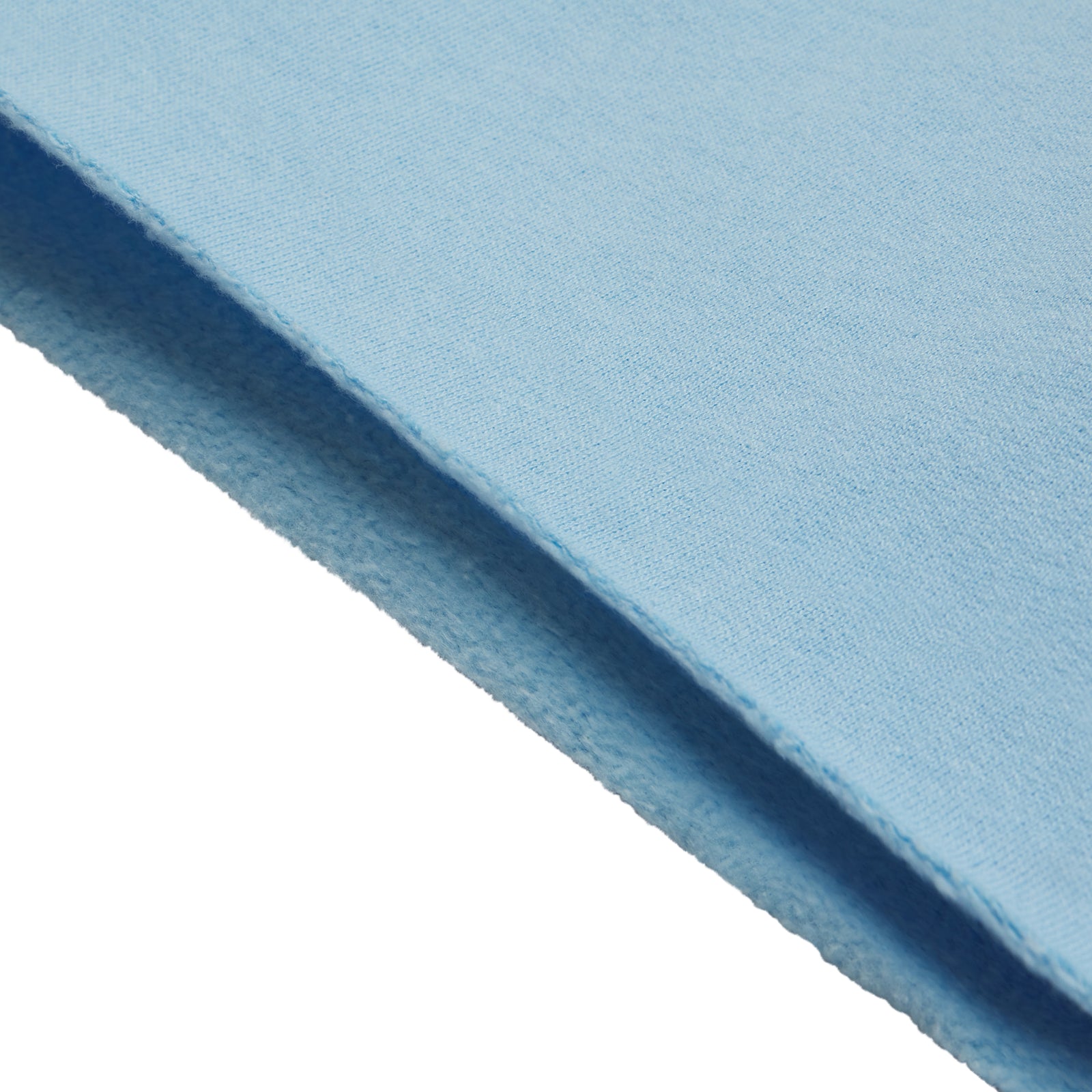 Light blue 13oz cotton brushed fleece fabric with a raw hem, showing soft texture.