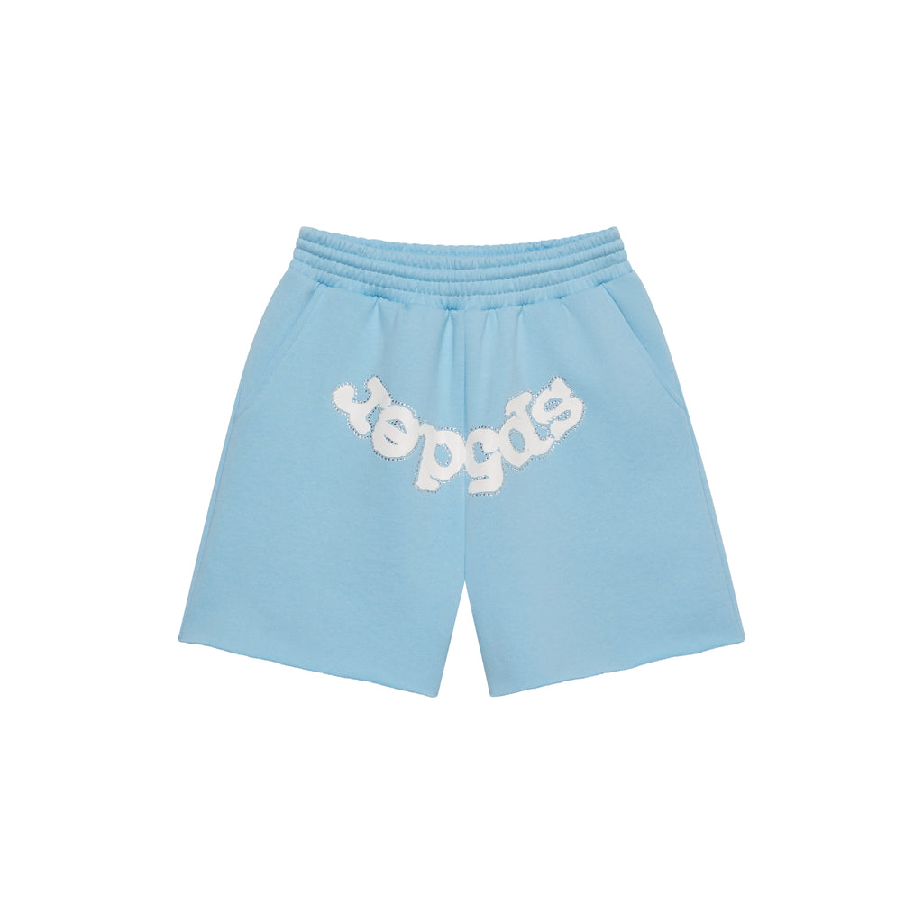 Light blue cotton fleece sweatshorts with white "SP5DER" text print on crotch, drawcord waist, and raw hem.