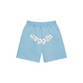 Light blue cotton fleece sweatshorts with white "SP5DER" text print on crotch, drawcord waist, and raw hem.