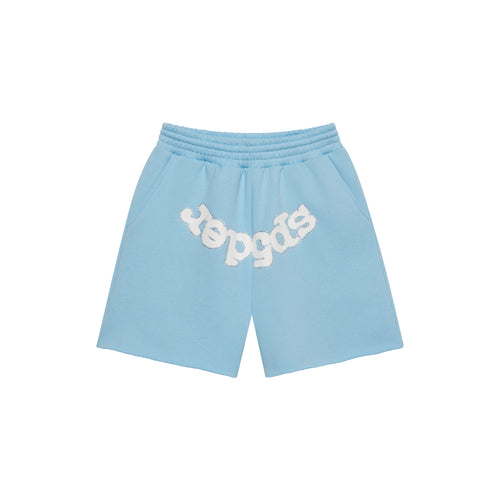 Light blue cotton fleece sweatshorts with white "SP5DER" text print on crotch, drawcord waist, and raw hem.