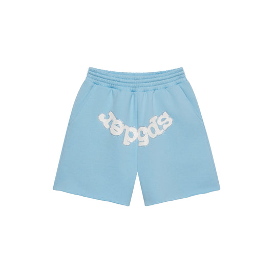 Light blue cotton fleece sweatshorts with white "SP5DER" text print on crotch, drawcord waist, and raw hem.