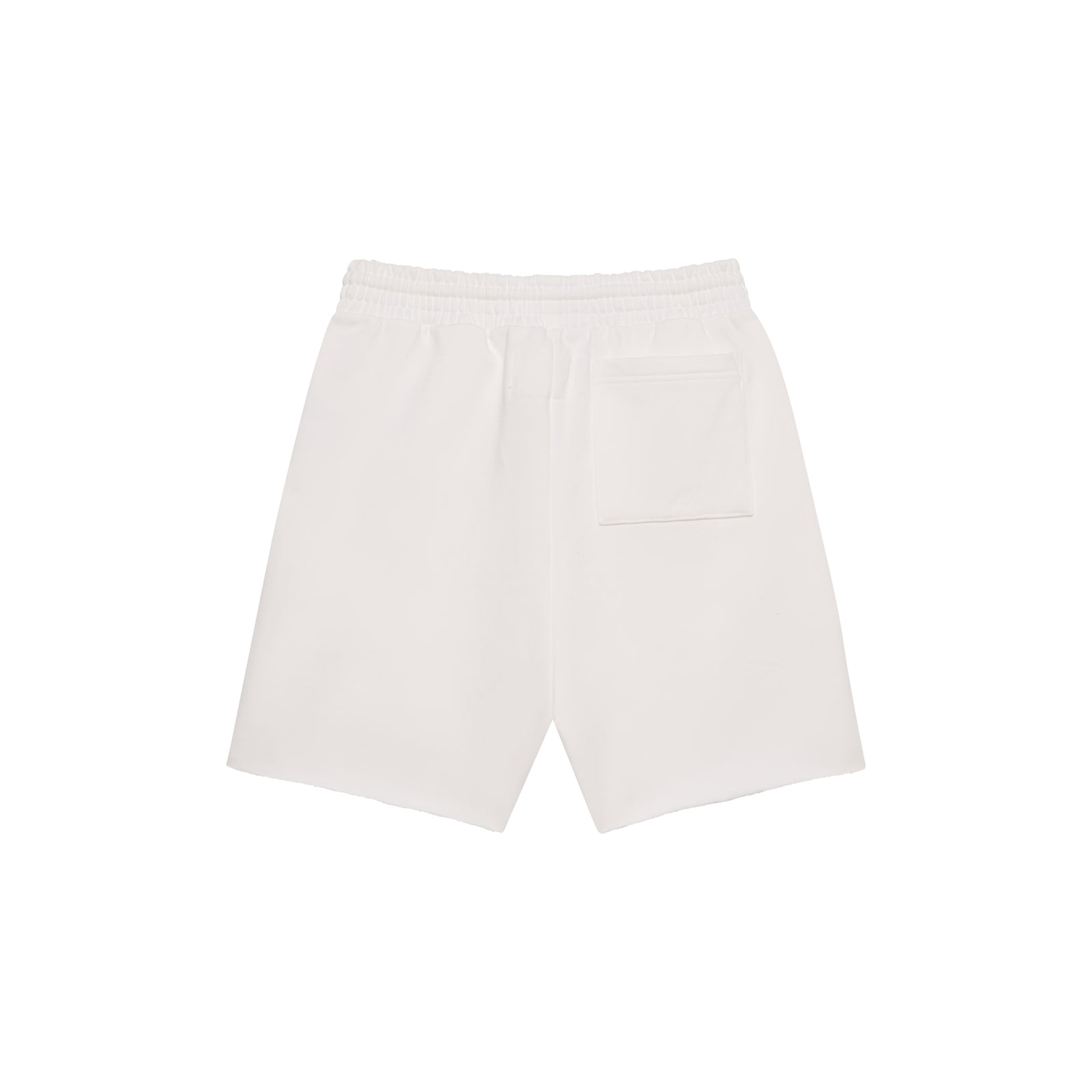 White 100% cotton fleece sweatshorts with drawcord waistband and back patch pocket.