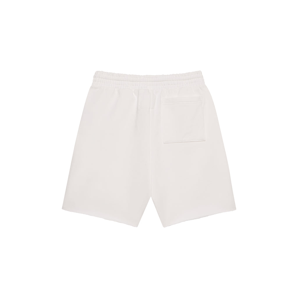 White 100% cotton fleece sweatshorts with drawcord waistband and back patch pocket.