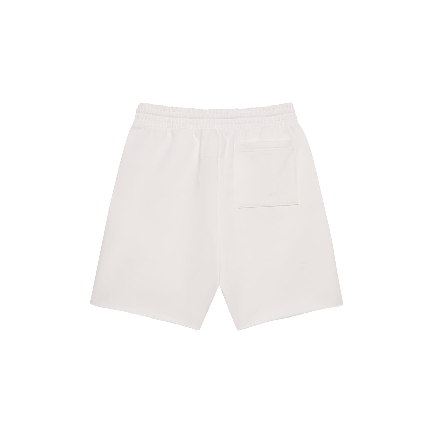 White 100% cotton fleece sweatshorts with drawcord waistband and back patch pocket.