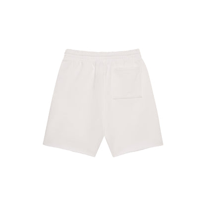 White 100% cotton fleece sweatshorts with drawcord waistband and back patch pocket.
