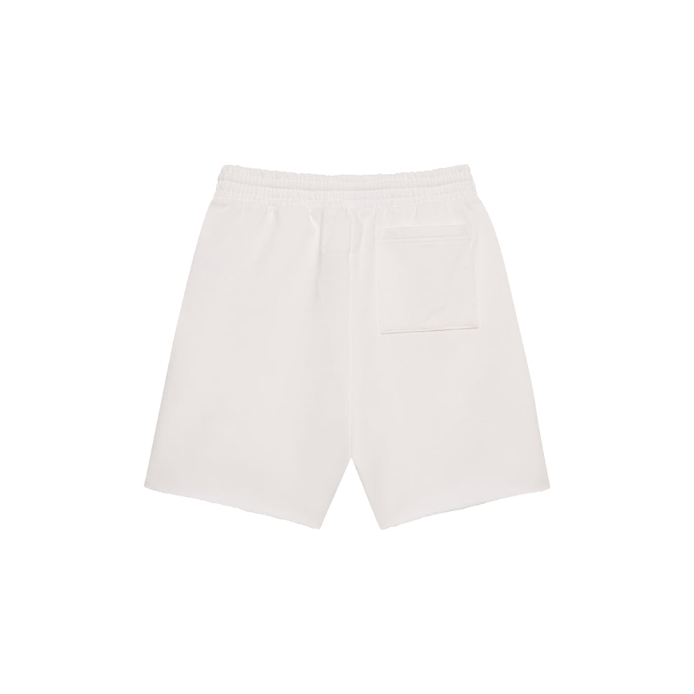 White 100% cotton fleece sweatshorts with drawcord waistband and back patch pocket.