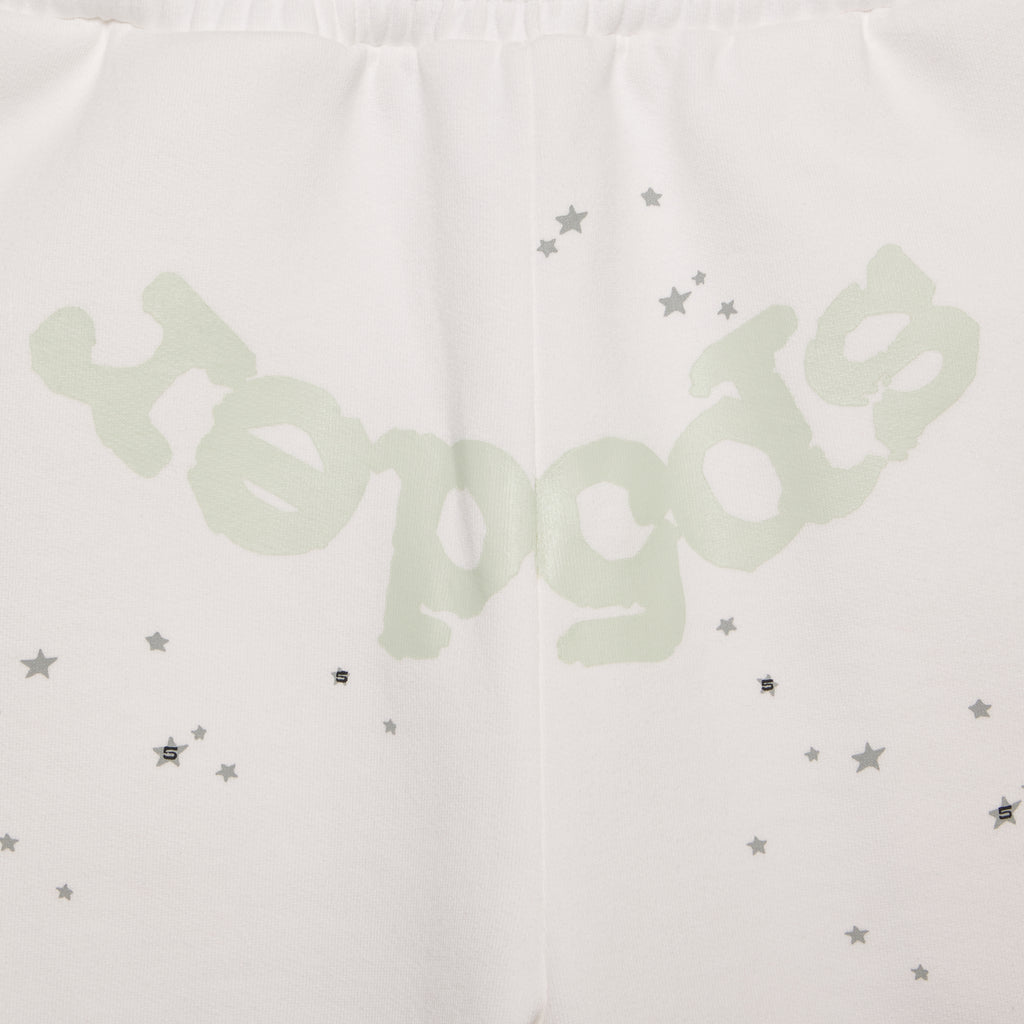 White 13oz cotton fleece sweatshorts with "SP5DER" crotch print and scattered stars.