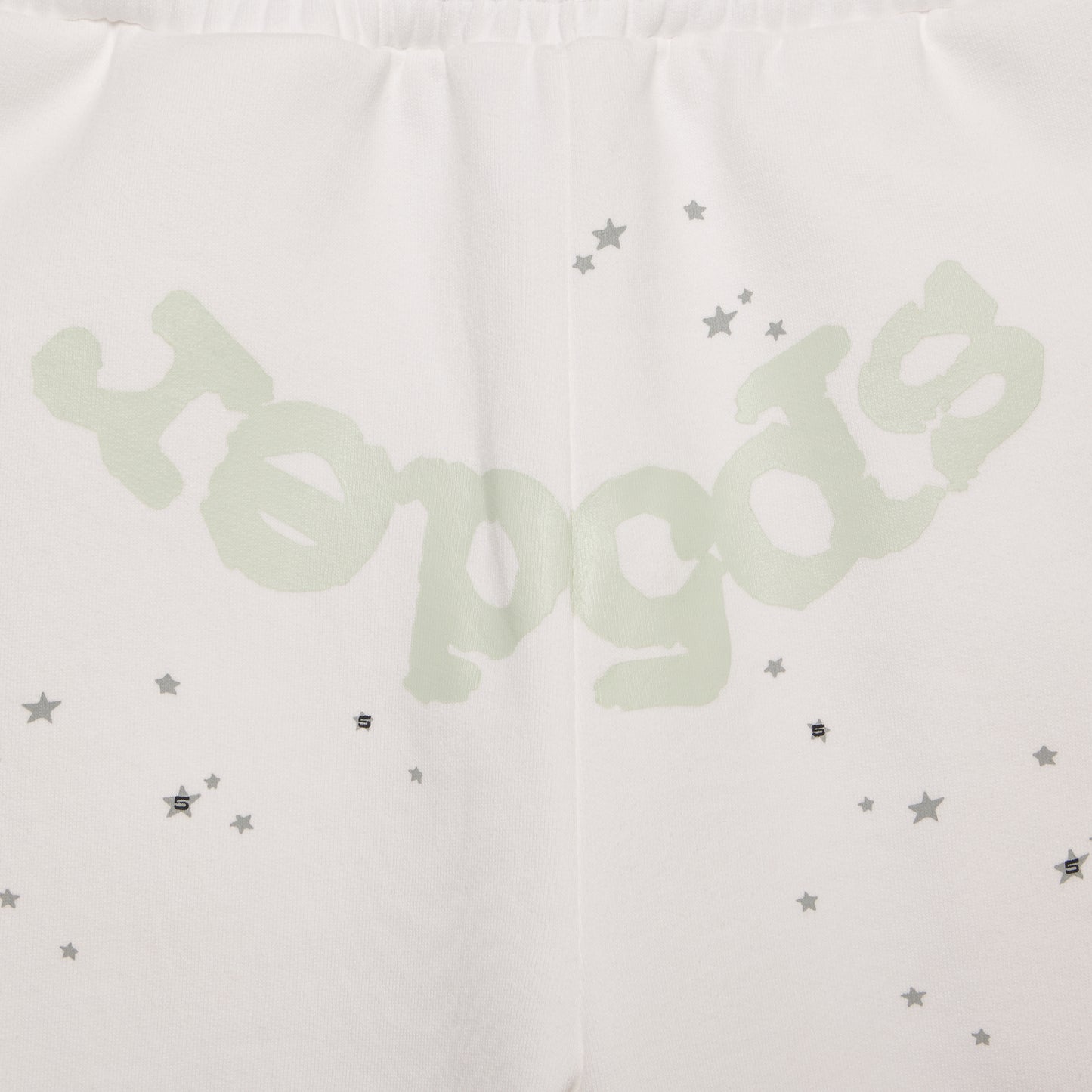 White 13oz cotton fleece sweatshorts with "SP5DER" crotch print and scattered stars.