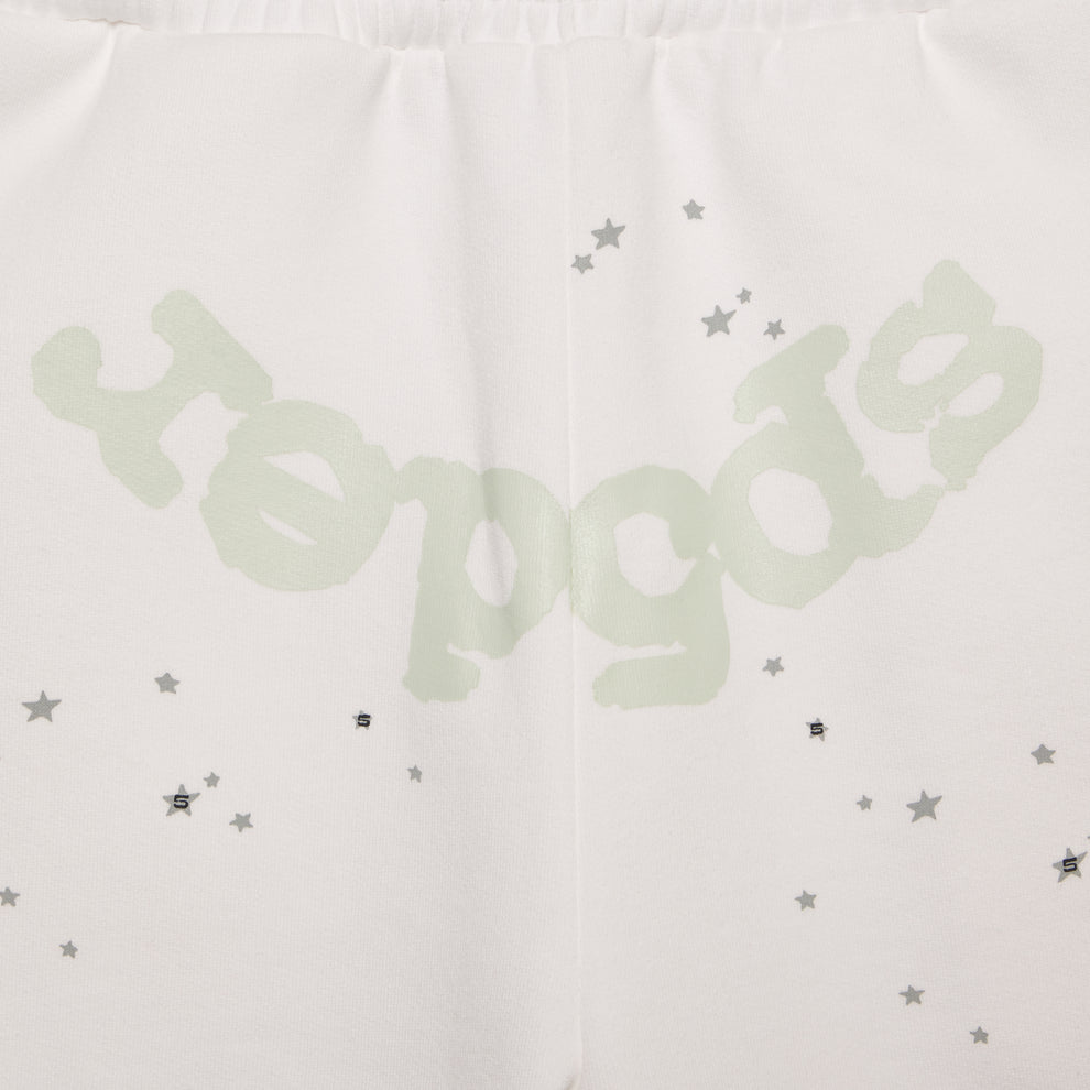 White 13oz cotton fleece sweatshorts with "SP5DER" crotch print and scattered stars.