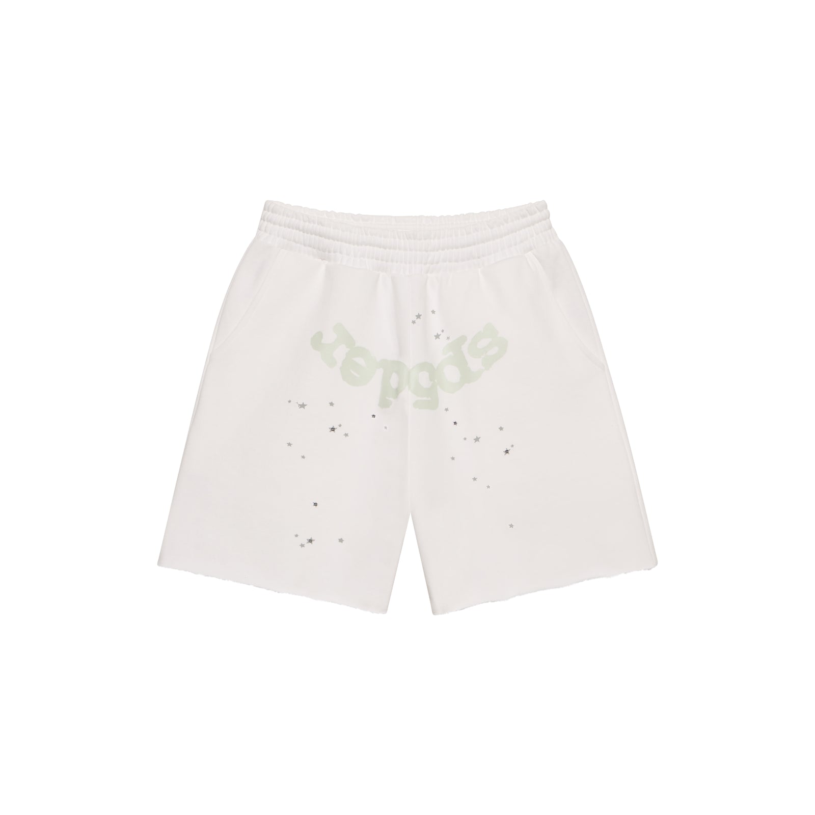 White 13oz cotton fleece sweatshorts with "SP5DER" print, scattered stars, drawcord, back pocket, and raw hem.