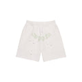 White 13oz cotton fleece sweatshorts with "SP5DER" print, scattered stars, drawcord, back pocket, and raw hem.