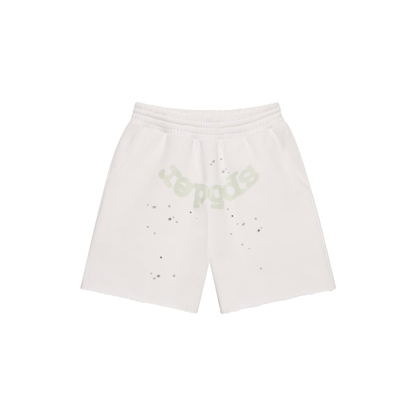 White 13oz cotton fleece sweatshorts with "SP5DER" print, scattered stars, drawcord, back pocket, and raw hem.