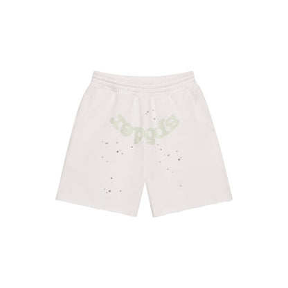 White 13oz cotton fleece sweatshorts with "SP5DER" print, scattered stars, drawcord, back pocket, and raw hem.