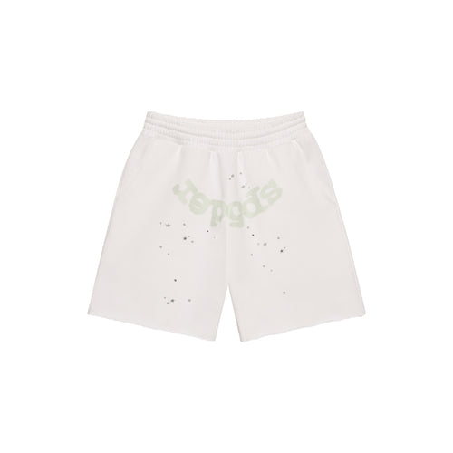 White 13oz cotton fleece sweatshorts with "SP5DER" print, scattered stars, drawcord, back pocket, and raw hem.