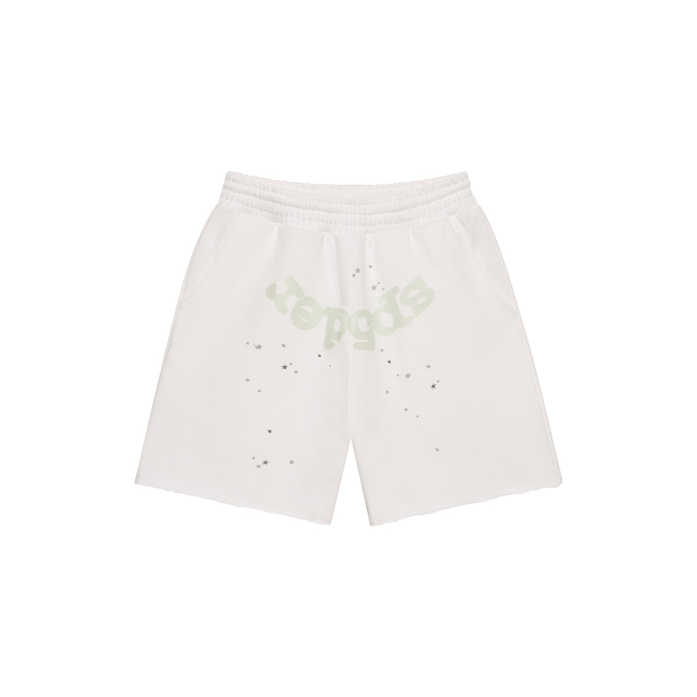White 13oz cotton fleece sweatshorts with "SP5DER" print, scattered stars, drawcord, back pocket, and raw hem.