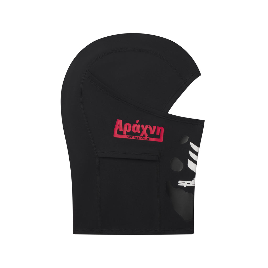 Black spandex SP5DER soccer face mask with red "Αράχνη WORLDWIDE" graphic print and white logo on the side.