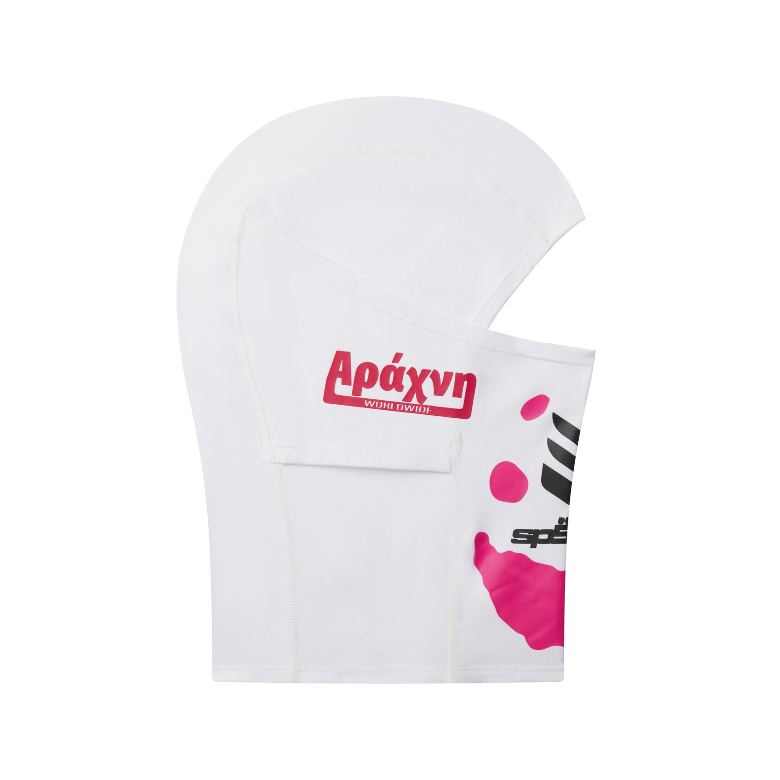 White spandex SP5DER soccer face mask with red "Αράχνη WORLDWIDE" and black/pink graphic print.