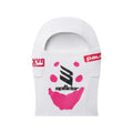 White SP5DER soccer face mask with black and pink graphic print, made from breathable spandex.