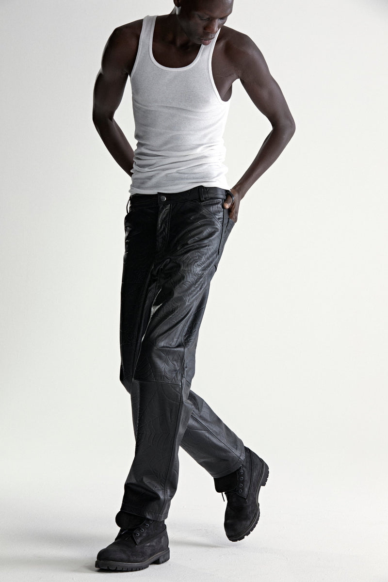 BLACK DEBOSSED WEB LEATHER PANT ON MODEL