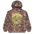 REAL TREE OG WEB HOODIE: Brown camo fleece hoodie with pink flowers, yellow "SP5DER" text, and a spider web graphic.
