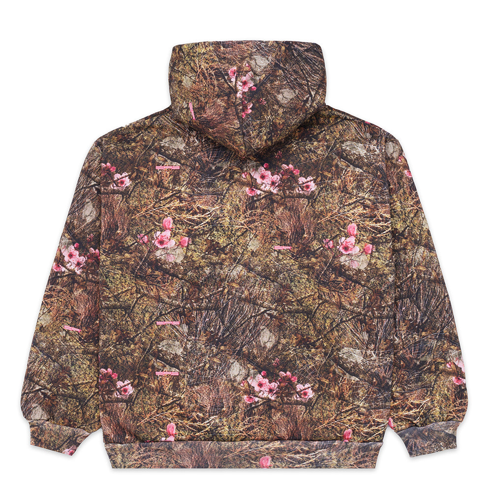 REAL TREE OG WEB HOODIE, 23oz fleece, brown camouflage with pink cherry blossom print.