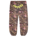 REAL TREE OG WEB SWEATPANT: Brown camo fleece sweatpants with pink flowers and yellow "sp5der" puff print.
