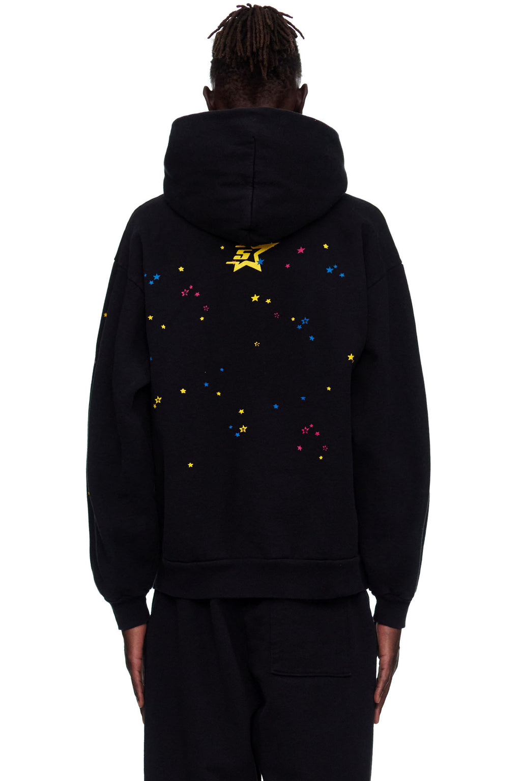 Black P*NK V2 hoodie, 23oz fleece, with colorful puff print stars and a yellow SP5DER motif on the back.