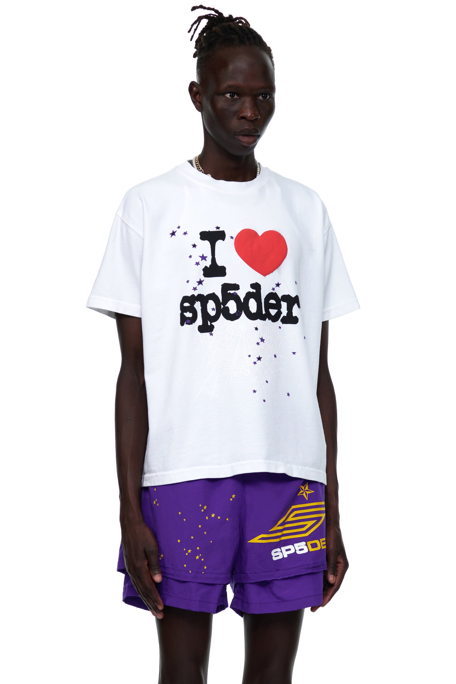 White cotton I HEART SP5DER men's tee with red heart graphic and purple star accents.