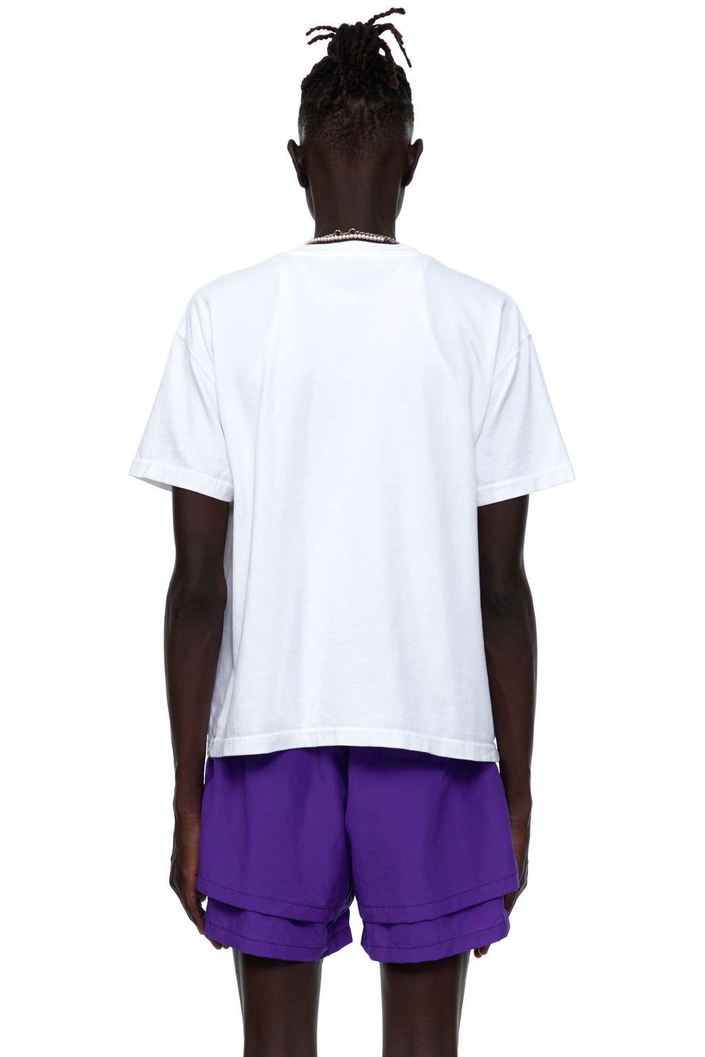 Back view of a man wearing a plain white cotton I HEART SP5DER men's tee.