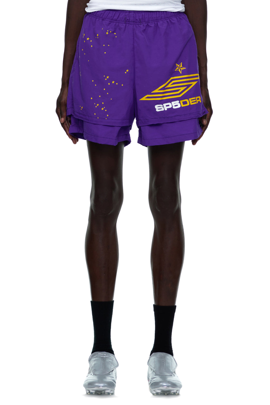 GRAPE SP5 PRO SHORT: Purple water-repellent nylon shorts with yellow logo, star print, and double-layer design.