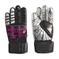 Black SP5DER football glove with pink outline graphic, silver finger details, and a spider web palm print.