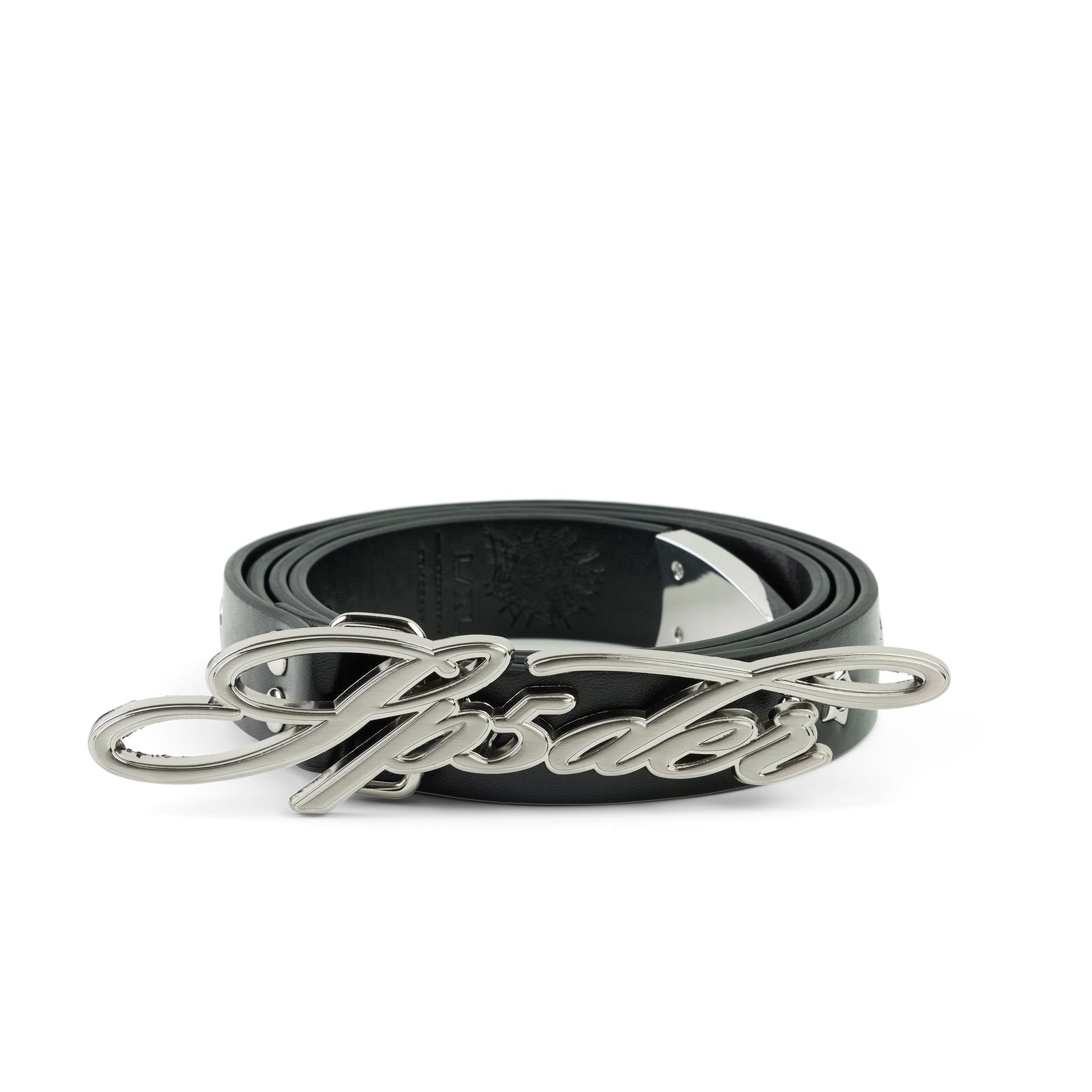 Black leather R-05 SCRIPT BELT with a silver cursive SP5DER buckle and studded star grommets.