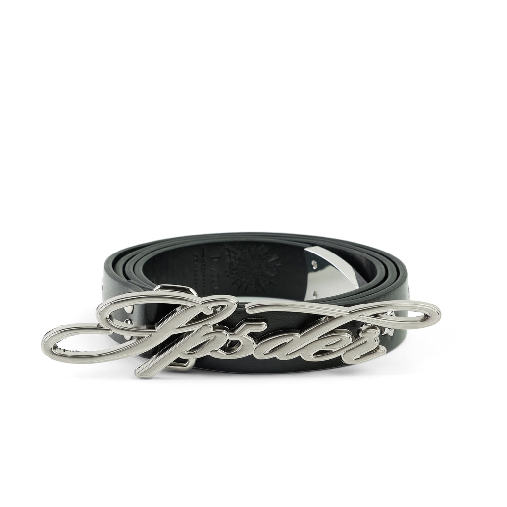 Black leather R-05 SCRIPT BELT with a silver cursive SP5DER buckle and studded star grommets.