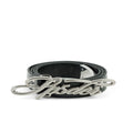 Black leather R-05 SCRIPT BELT with a silver cursive SP5DER buckle and studded star grommets.